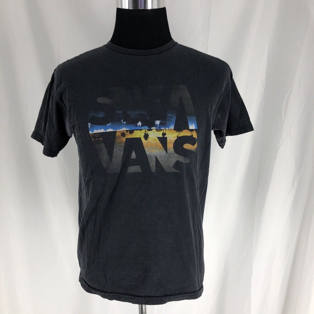 VANS Men's T-Shirt Spellout 100% Cotton Logo Mirror Image Black Vintage Medium